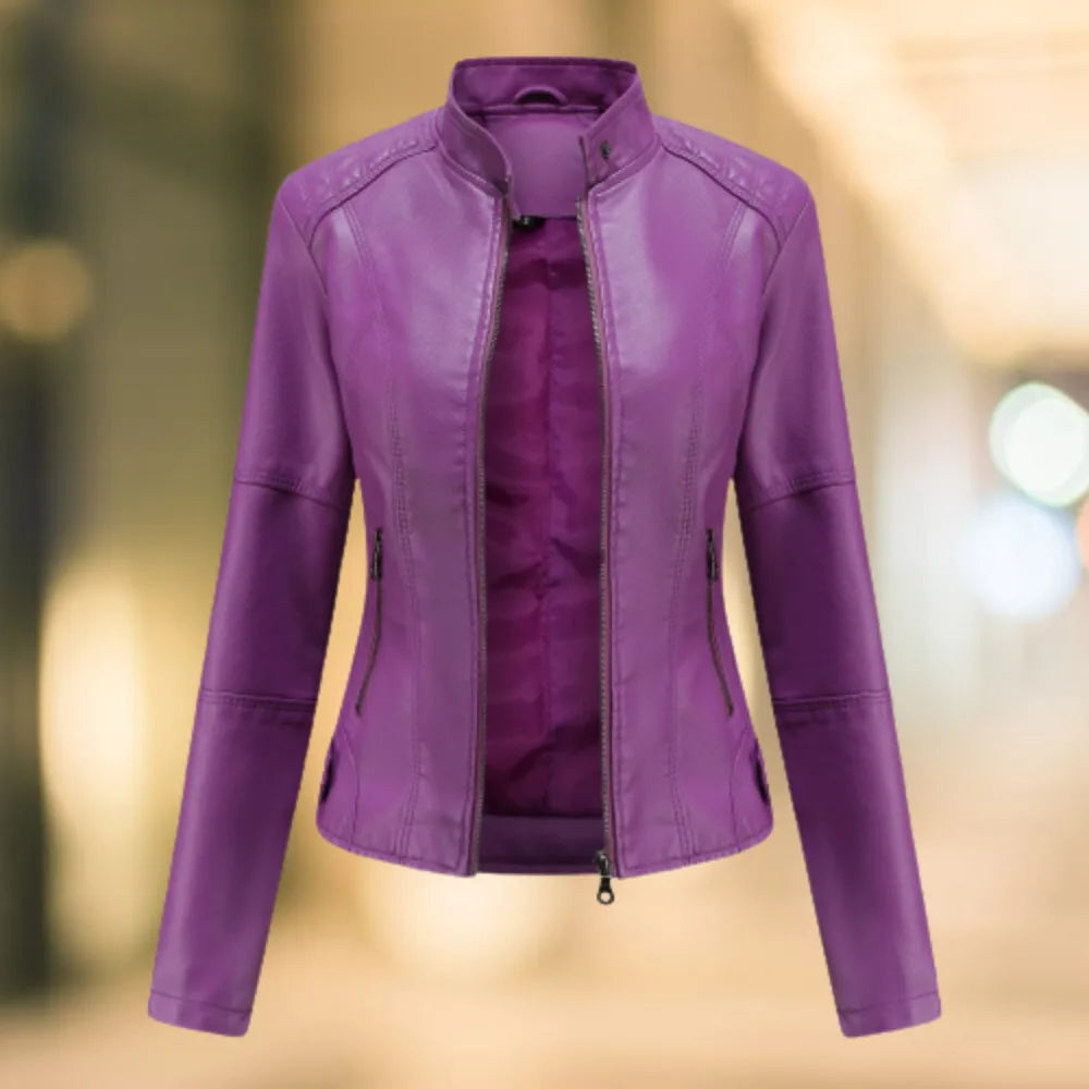 Purple leather jacket with stand collar, front zip open, showing contrast stitching on the shoulders