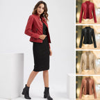 Model wearing a wine red leather jacket over a black midi dress, with colour swatches of the other four shades alongside