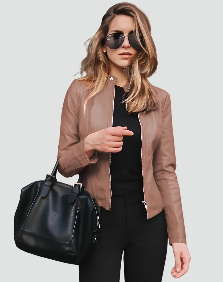Close-up front view of the navy jacket showing the zip pockets and tailored waist seams