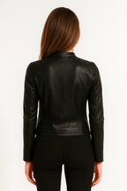 Back view of the black faux leather jacket highlighting the seamed, tailored silhouette
