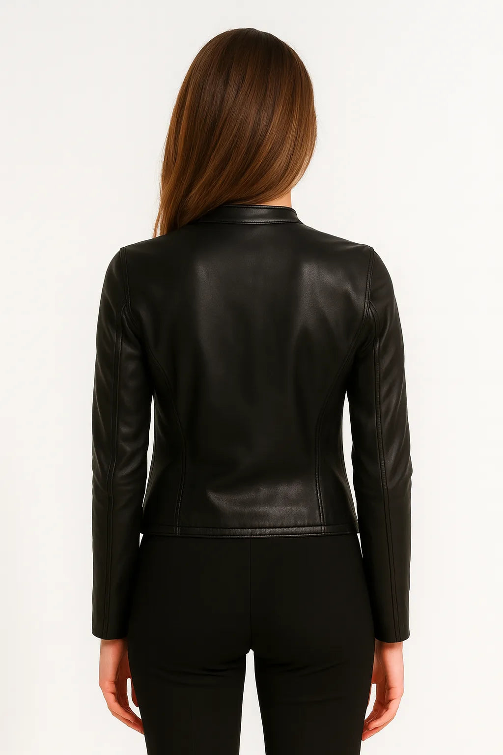Back view of the black faux leather jacket highlighting the seamed, tailored silhouette