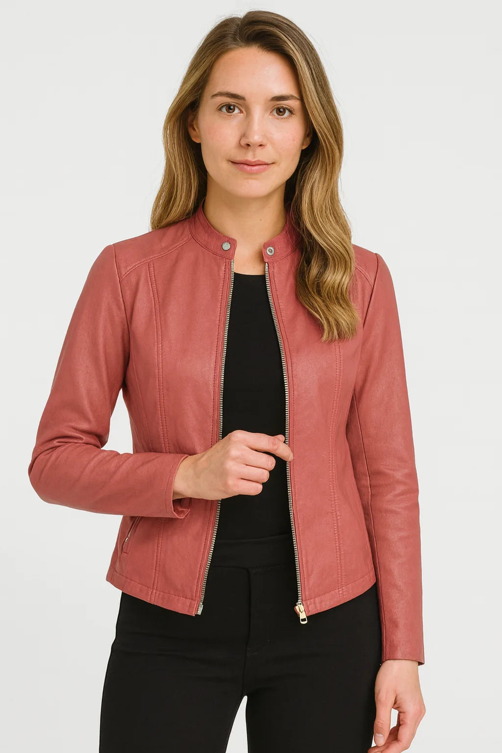 Front view of the jacket in cobalt blue with silver hardware, zip open over a black top