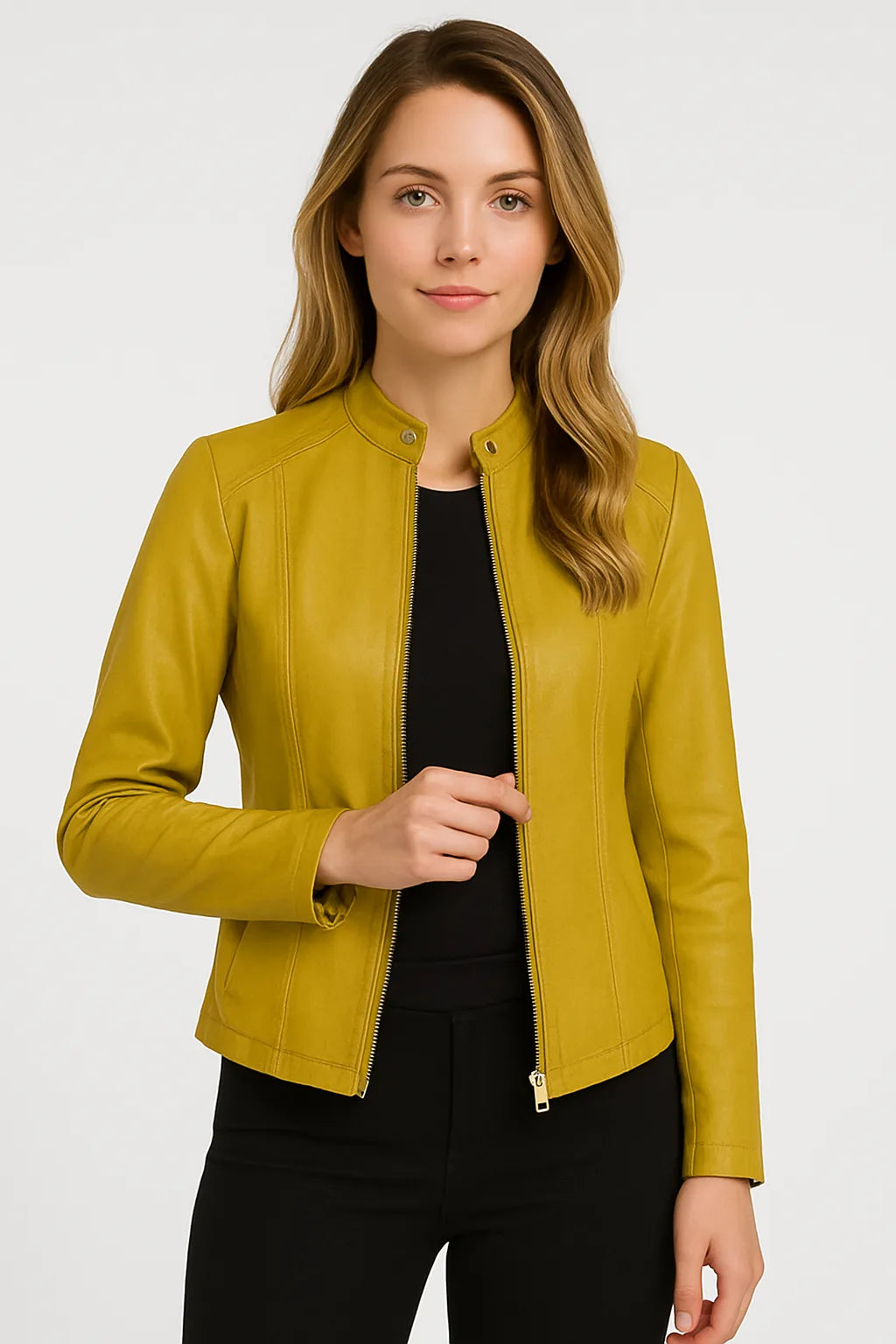 Front view of the jacket in dusty pink with the zip fastened halfway up the collar