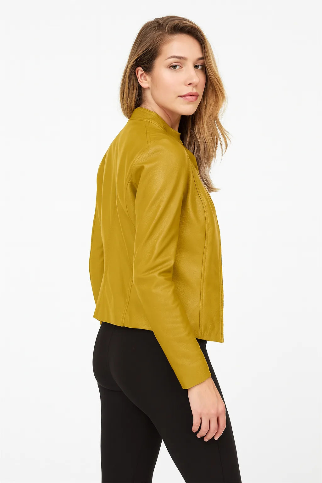 Front view of the jacket in mustard yellow, zip open, worn with a black top