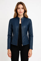 Side profile of the mustard yellow jacket showing the shoulder seam and cropped length from behind