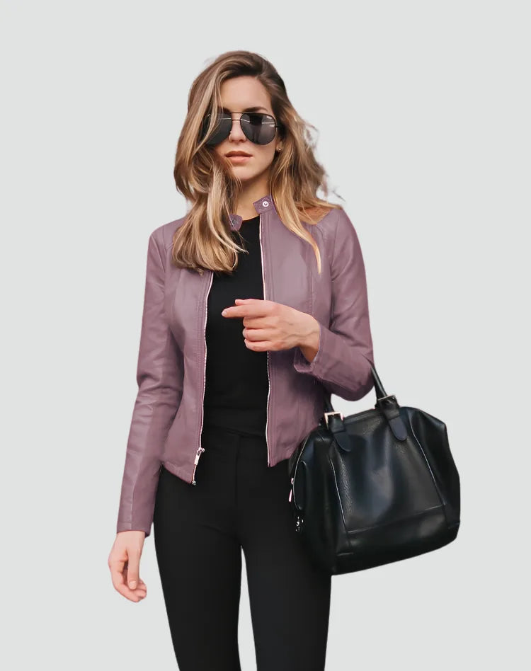 Front view of the jacket in navy blue with a single stud fastening at the collar