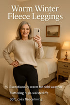 Woman in a beige jumper showing the high-waisted black leggings with fleece lining peeking above the waistband in a bedroom setting