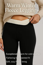 Close-up of the high-waisted leggings under a cream jumper, fleece lining visible with text highlighting warmth and fit