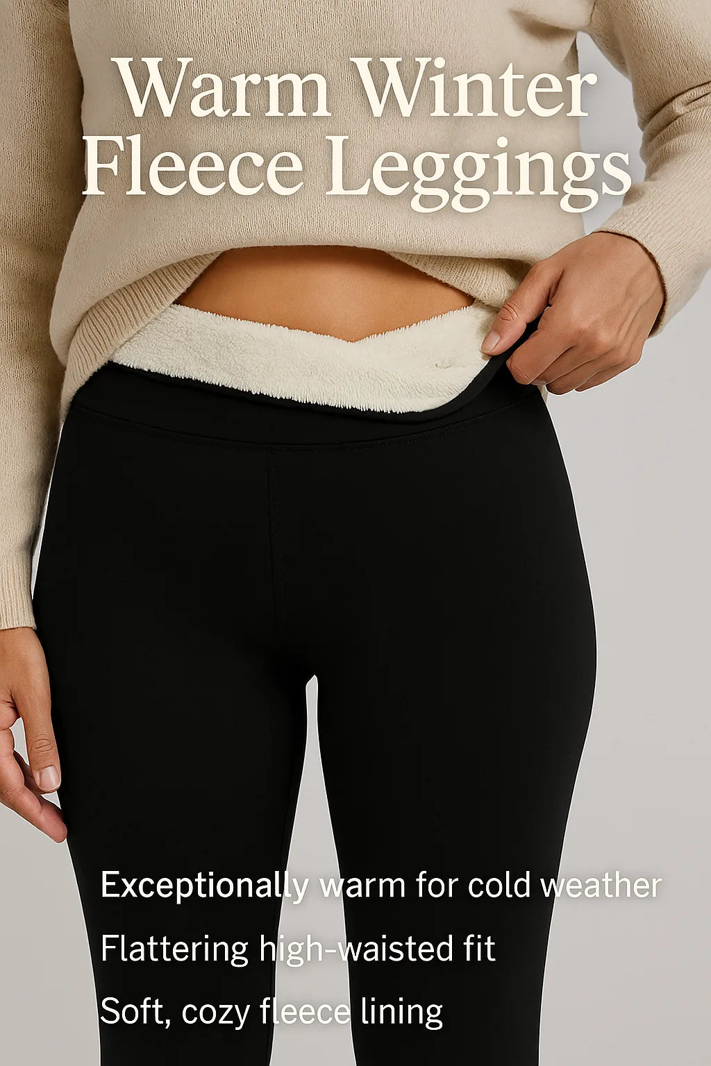 Close-up of the high-waisted leggings under a cream jumper, fleece lining visible with text highlighting warmth and fit