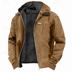 Front view of tan brown hooded jacket, unzipped to show soft black fleece lining and suede-look collar trim