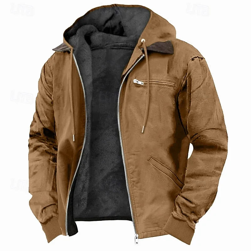 Front view of tan brown hooded jacket, unzipped to show soft black fleece lining and suede-look collar trim
