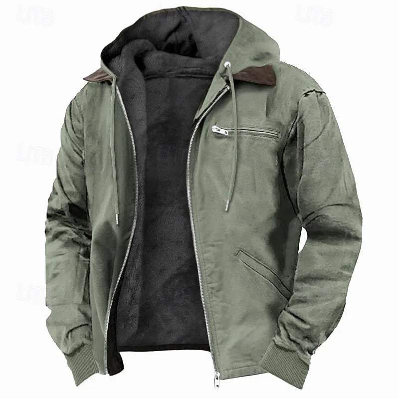 Army green hooded jacket with drawstring hood, chest zip pocket and ribbed cuffs, shown fully unzipped