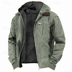 Army green hooded jacket with drawstring hood, chest zip pocket and ribbed cuffs, shown fully unzipped