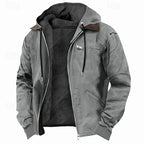 Grey hooded jacket open to reveal thick black fleece interior, with zip chest pocket and side hand pockets