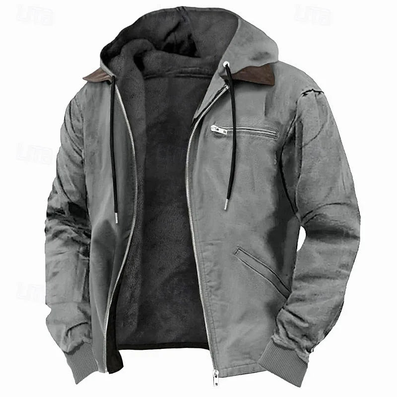 Grey hooded jacket open to reveal thick black fleece interior, with zip chest pocket and side hand pockets