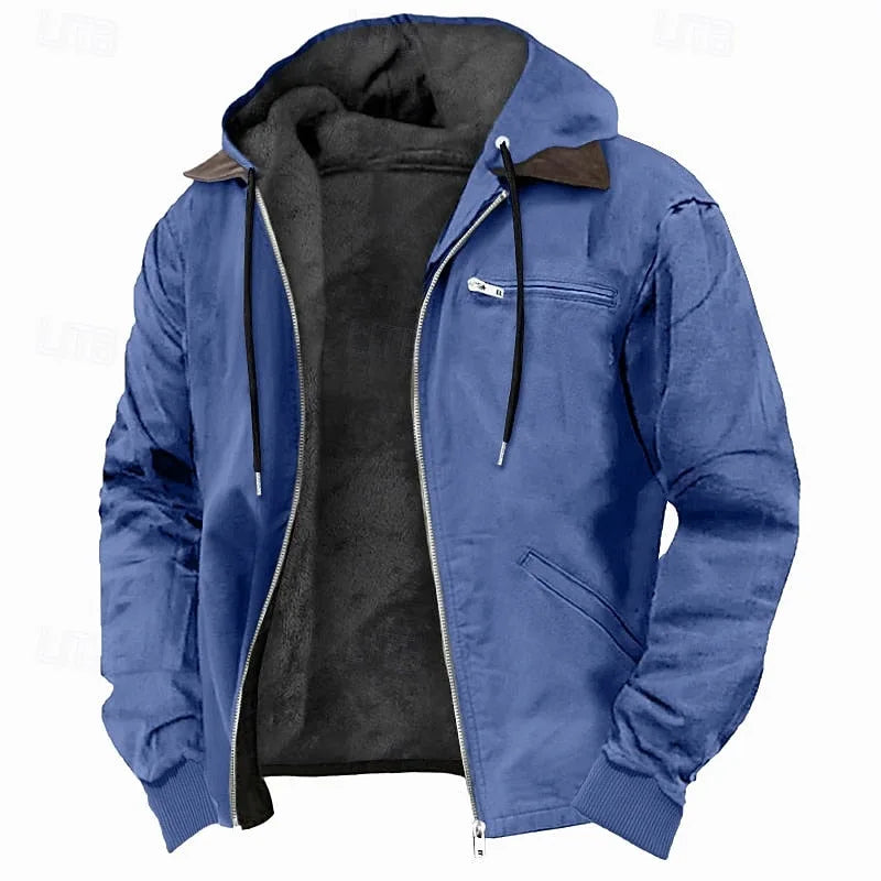 Blue hooded jacket with adjustable hood strings and silver zip fastenings, worn open over a plain background
