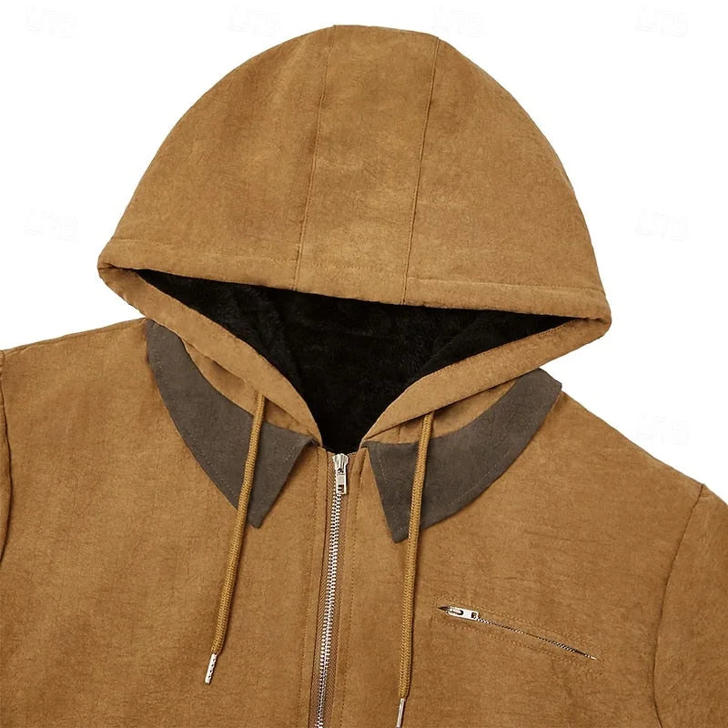 Close-up of the hood and collar detail showing contrast suede-effect trim, drawstrings and fleece lining