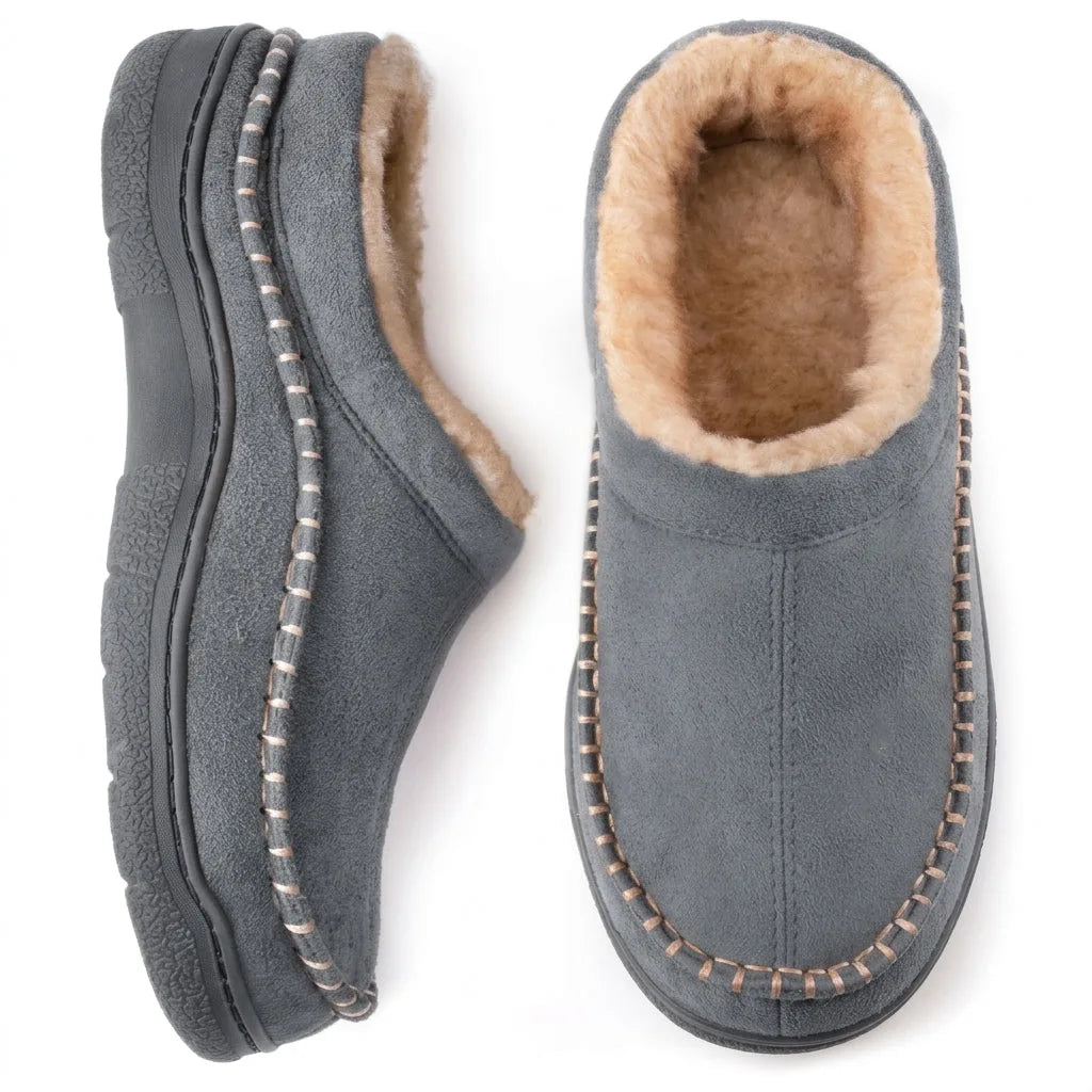 Top and side view of grey suede clog slippers with contrast stitching and tan fleece interior