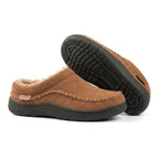 Pair of tan clog slippers shown from above and below, revealing the ridged non-slip sole