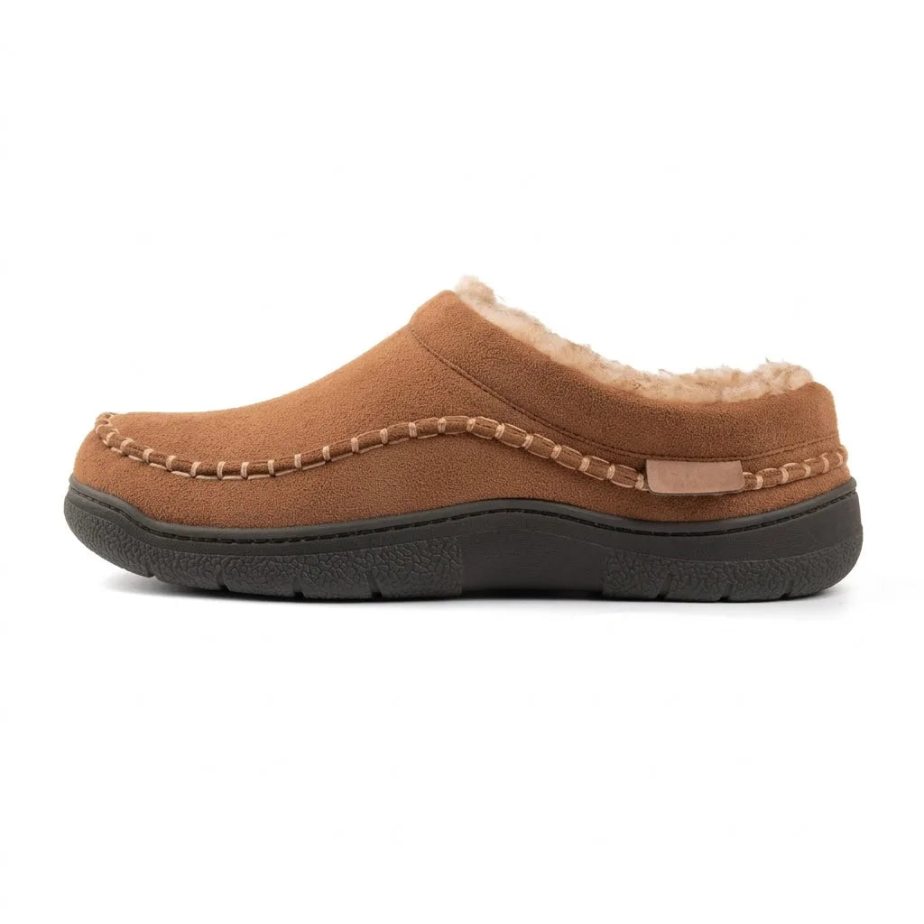 Profile view of a single tan clog slipper highlighting the fleece collar and cushioned sole