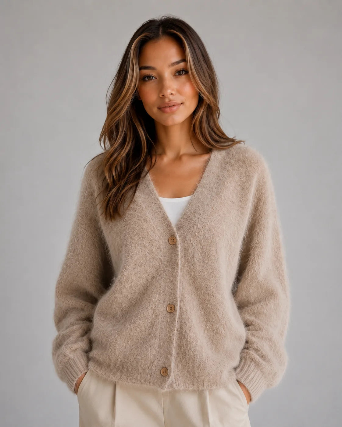 Woman wearing a fluffy beige knit cardigan with V-neck and wooden buttons, styled over a white top and cream trousers