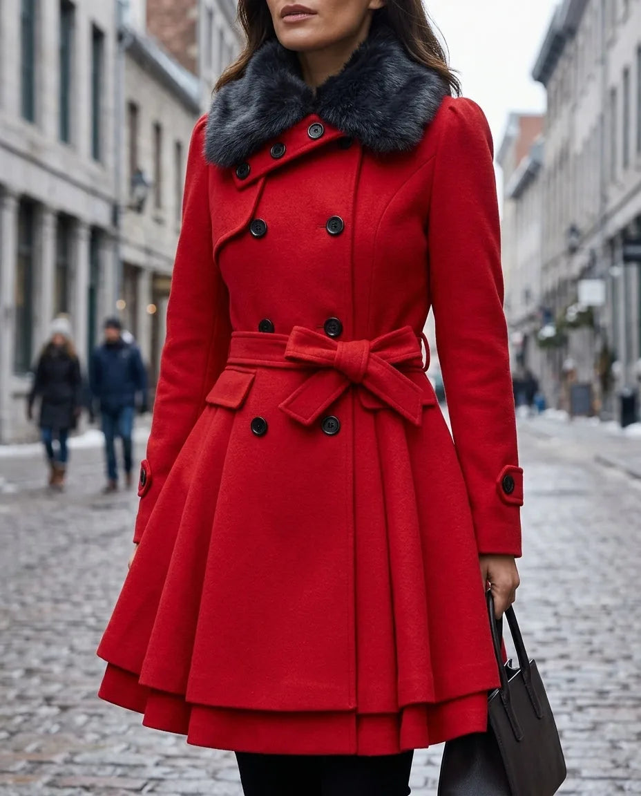 Close-up of a woman in a red double-breasted skater coat with a plush faux fur collar and bow-tie waist belt, standing on a cobbled street
