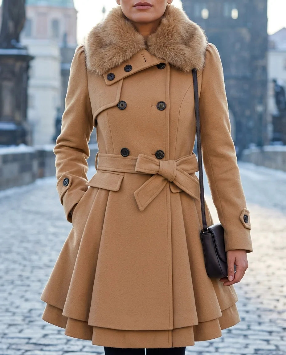 Camel wool-blend skater coat with a soft light brown faux fur collar, double-breasted buttons and a tied waist belt, worn outdoors