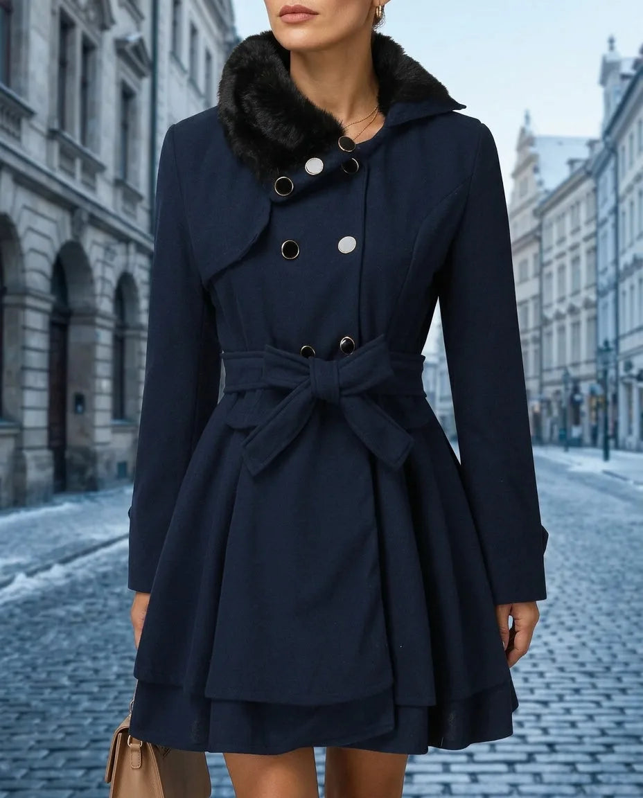 Navy blue peplum-style coat with black faux fur collar and gold-tone buttons, cinched with a matching fabric bow belt