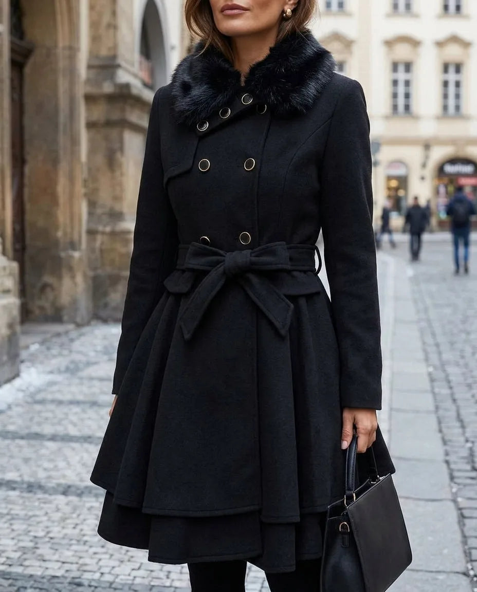 Black double-breasted skater coat with black faux fur collar, tie belt and tiered peplum hem, paired with a handbag