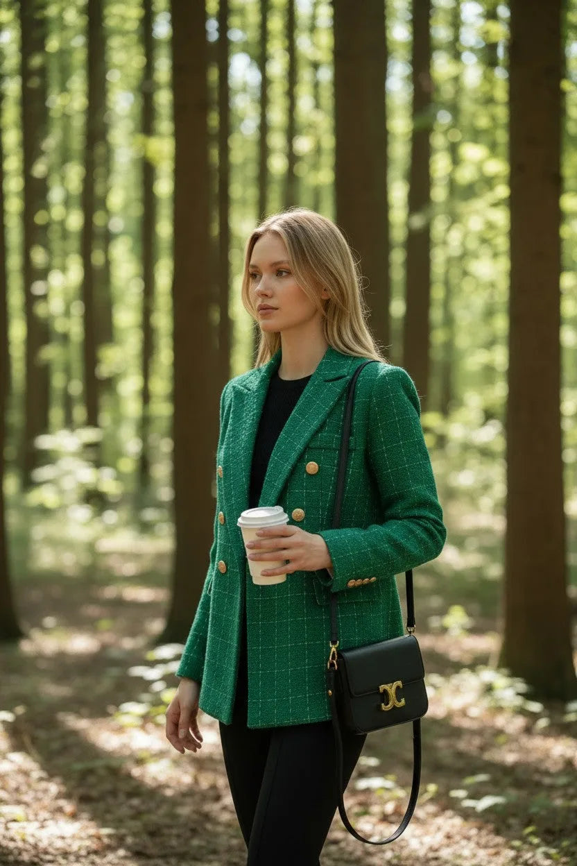 Side profile of a woman wearing a green checked tweed blazer while holding a coffee cup and a black leather crossbody bag.