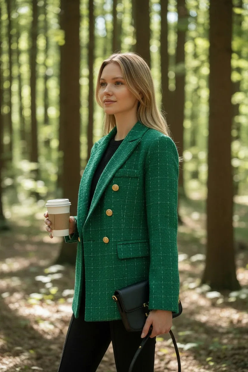 Close-up side view showing the tweed texture, notched lapel and gold buttons of the green checked blazer.