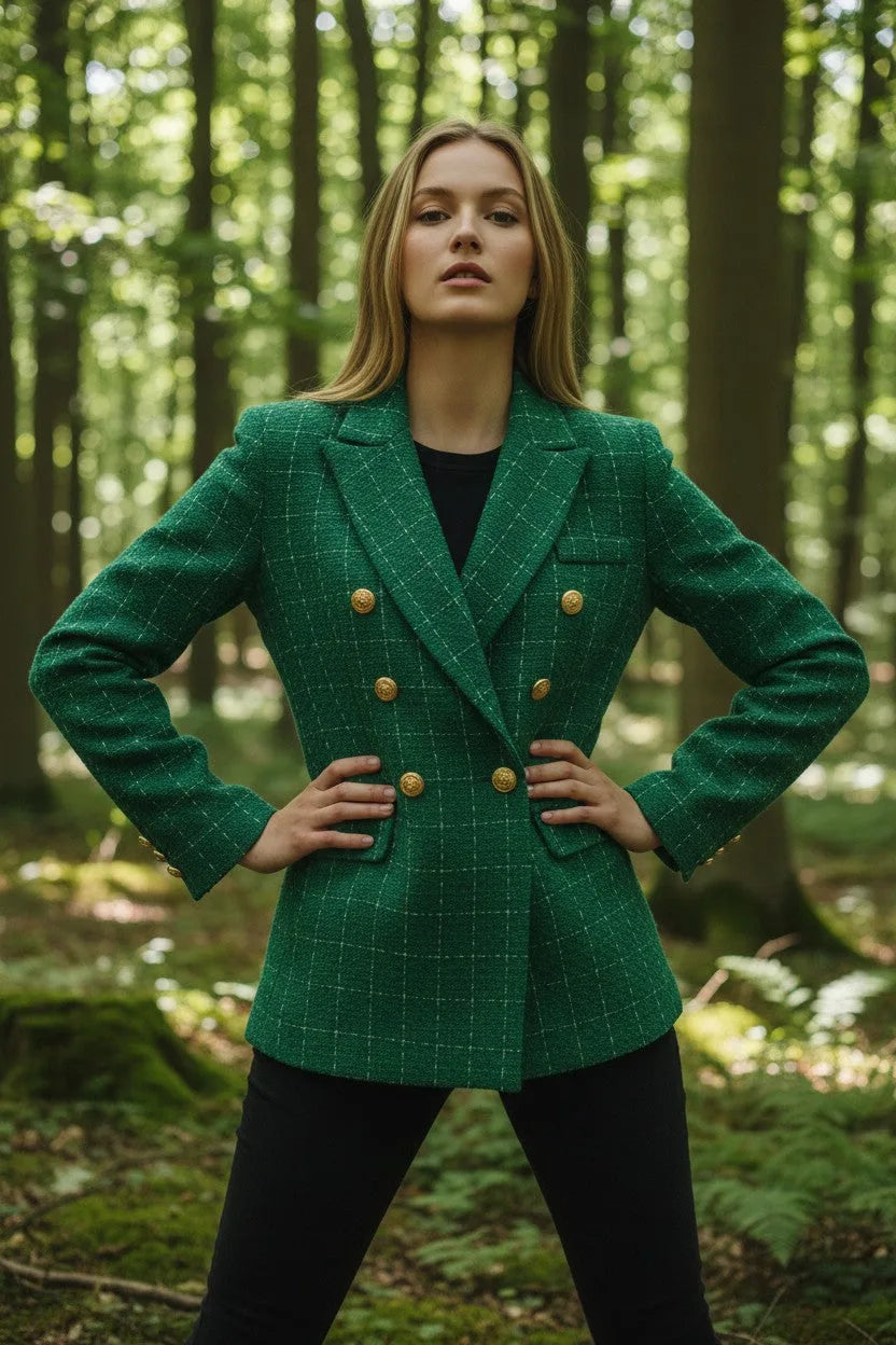 Front view of a woman posing with hands on hips, showcasing the tailored fit and double-breasted button detail of the green tweed blazer.