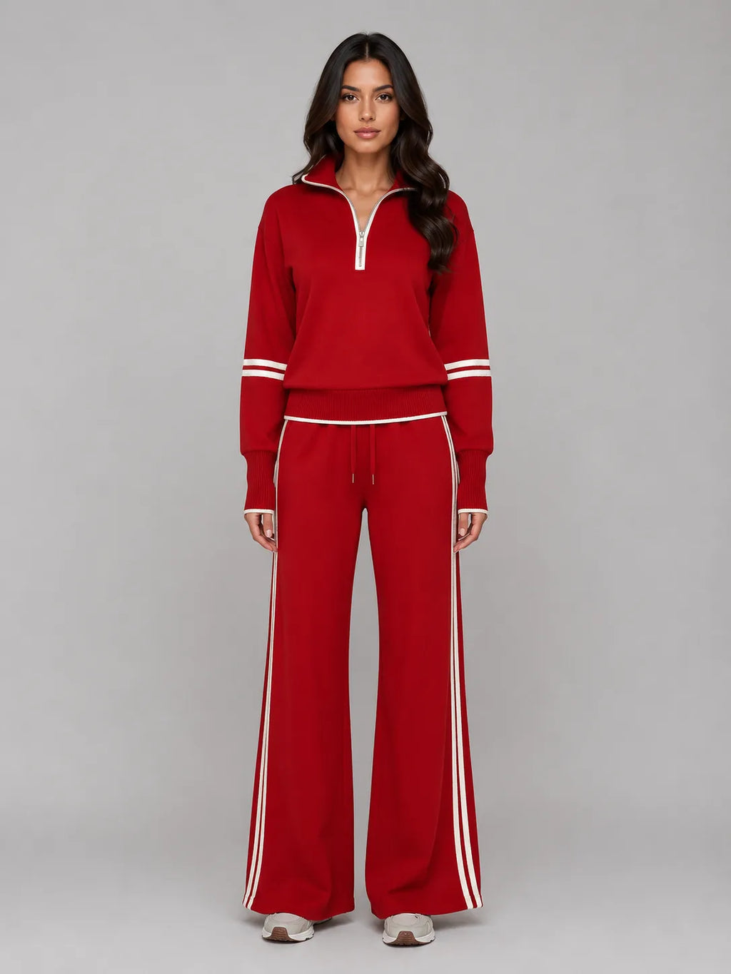 Front view of red half zip lounge sweatshirt and wide leg trousers with cream stripe detailing