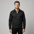 Navy blue harrington jacket laid flat showing full length and checked interior lining