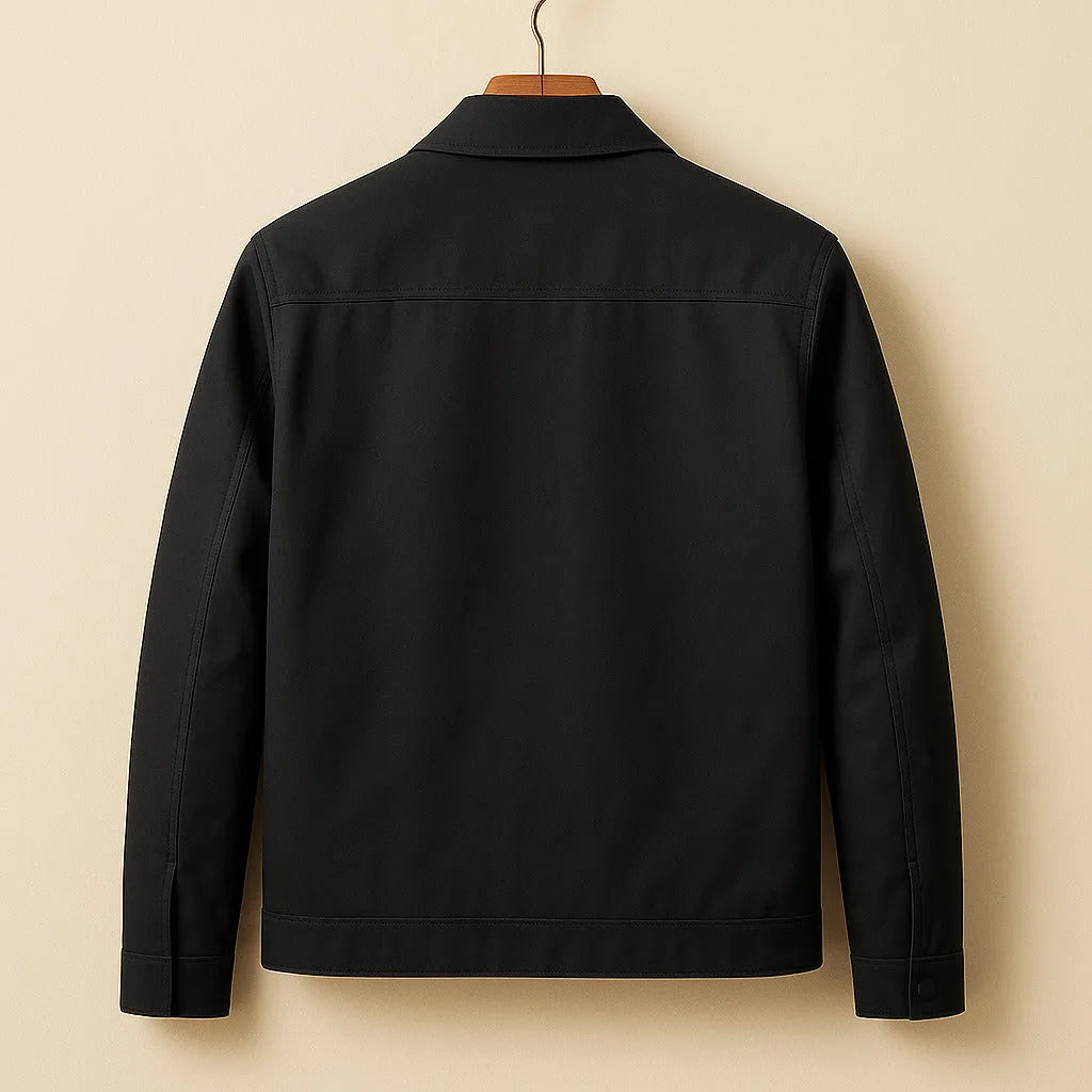 Back view of black harrington jacket showing clean streamlined cut and shoulder seams