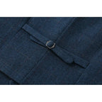 Textured close-up of the navy herringbone wool-look fabric showing the fine diagonal weave pattern