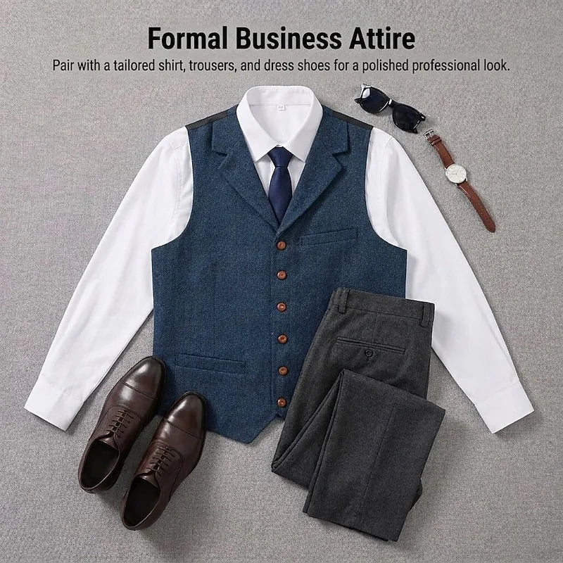 Flat lay styling guide showing navy waistcoat paired with grey trousers, brown oxford shoes and a watch for formal business attire