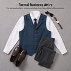 Flat lay styling guide showing navy waistcoat paired with grey trousers, brown oxford shoes and a watch for formal business attire