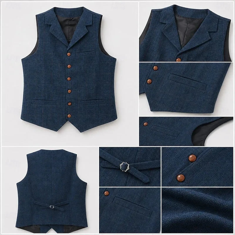 Collage of construction details showing the navy waistcoat's lapels, pockets, buttons, lining and adjustable back strap