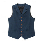 Full front view of the navy herringbone waistcoat laid flat, showing notch lapels and single-breasted button front