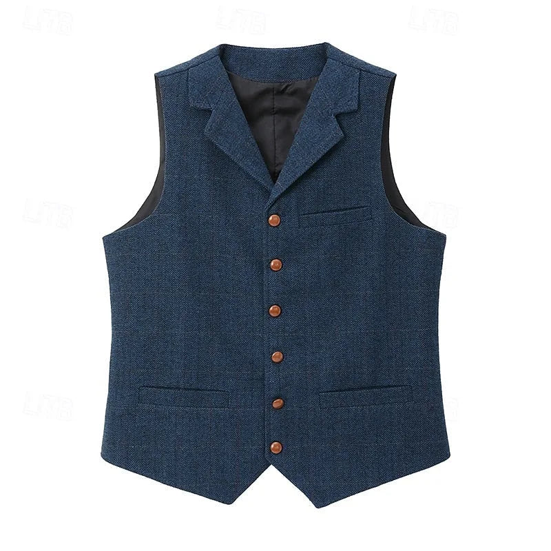 Full front view of the navy herringbone waistcoat laid flat, showing notch lapels and single-breasted button front