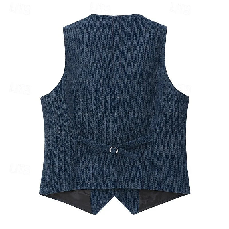 Full back view of the navy herringbone waistcoat laid flat, showing satin lining and adjustable buckle strap