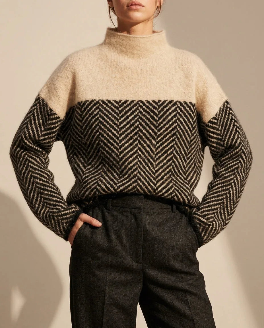 Camel mock neck jumper with a black and cream herringbone knit panel, worn with charcoal tailored trousers