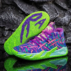 Side view of purple and green high-top basketball shoe with lime green swirl-pattern sole and graffiti-style upper print