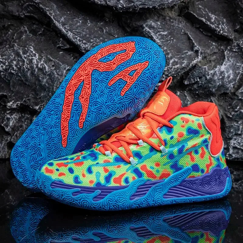 Blue and orange high-top basketball shoe with bold electric blue outsole and orange splatter pattern on mesh upper