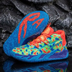 Blue and orange high-top basketball shoe with bold electric blue outsole and orange splatter pattern on mesh upper