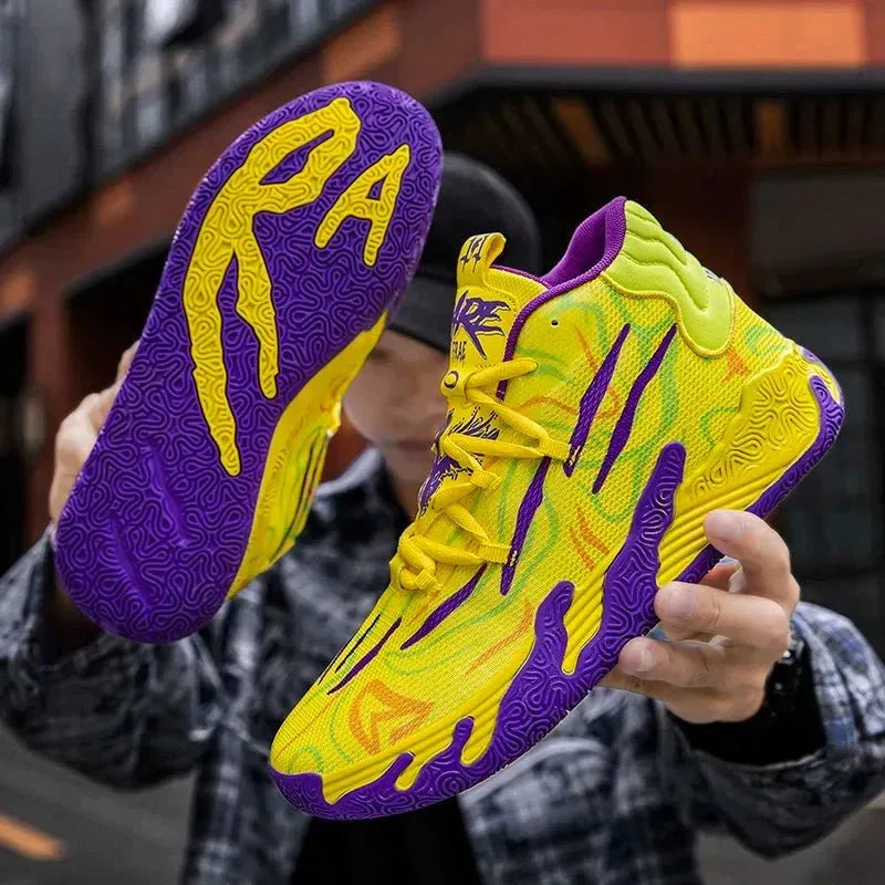 Close-up of bright yellow and purple high-top basketball shoe held up to show the textured purple swirl outsole