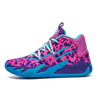 Side profile of pink and purple leopard-print high-top basketball shoe with teal accent stripes and blue ridged sole