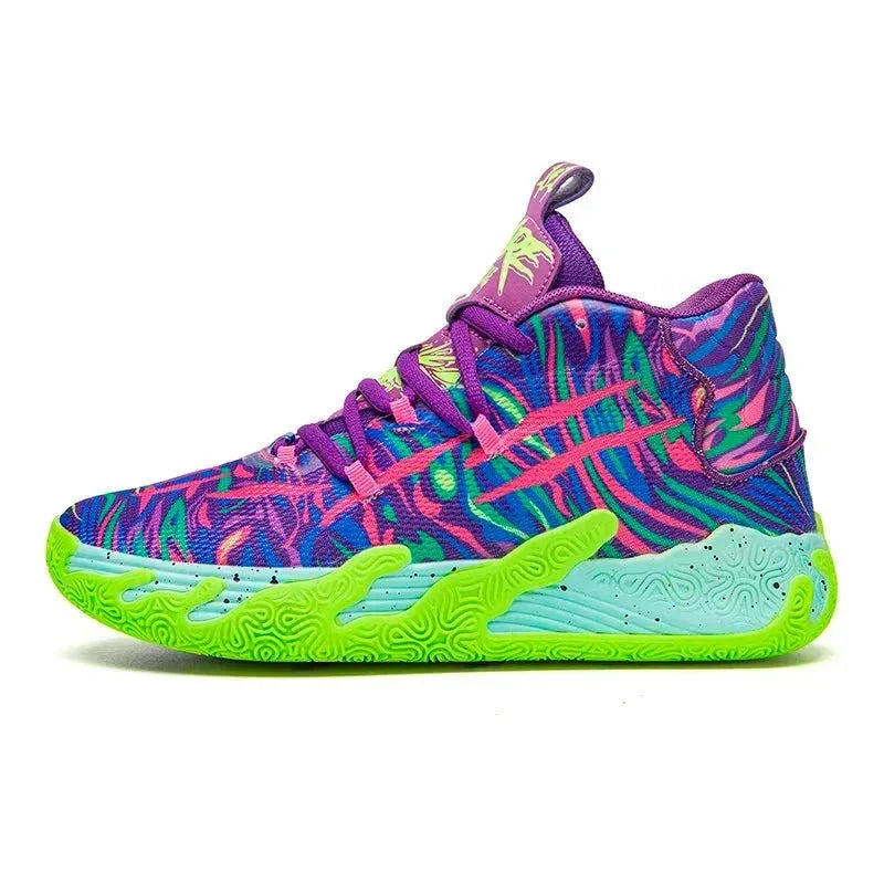 Side profile of purple, blue and green abstract-print high-top basketball shoe with lime green ridged outsole