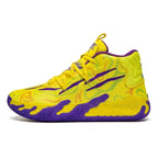 Front angled view of purple-green high-top sneaker highlighting the padded ankle collar and lace-up closure